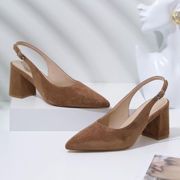 Women's Brown 1 Pointed Closed Toe Slingback Chunky Heels Office Work Pump Shoes - Picture 9 of 9
